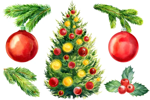 Karácsonyfa egy elszigetelt fehér háttér, akvarell illusztráció. lucfenyő ágak és, magyal piros karácsonyi labda — Stock Fotó