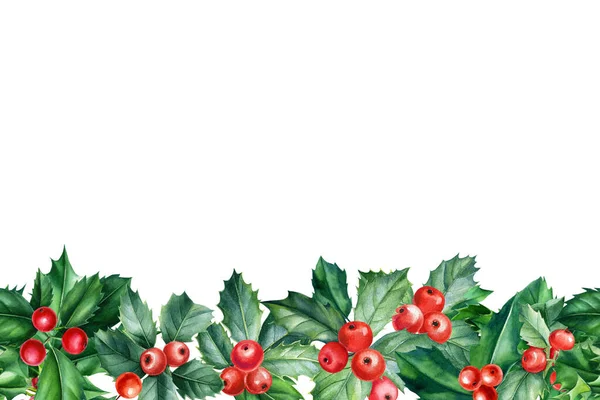 Holly. Bordo di Natale su sfondo bianco, illustrazione ad acquerello, biglietto di auguri con posto per il testo — Foto Stock