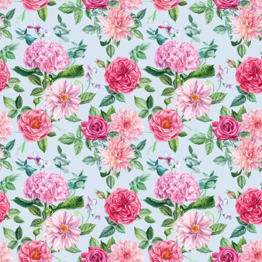 Güller, yıldız çiçeği, ortanca, okaliptüs yaprakları, izole edilmiş mavi arka plan. Çiçeksiz desenler. Suluboya resim