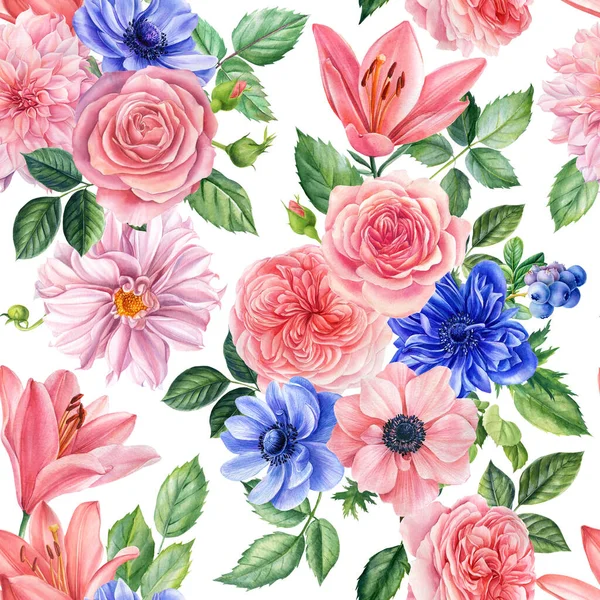 Modelli floreali senza cuciture da rami di rose, dalie, gigli e anemoni. Pittura ad acquerello — Foto Stock