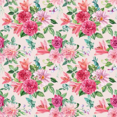 Güllerin dallarından, zambaklardan ve izole bir arkaplandaki çiçeksiz desenler. Suluboya resim