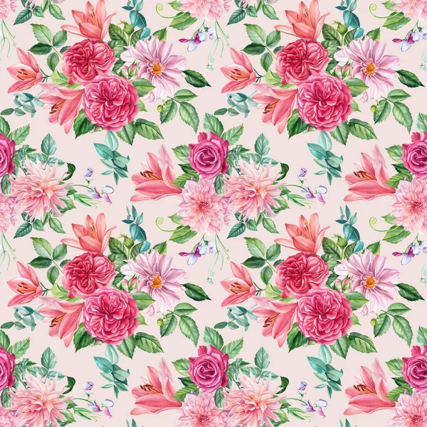 Floral seamless patterns from branches of roses, dahlia, lilies on an isolated background. Watercolor painting — Stock Photo, Image