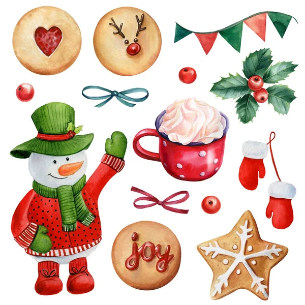 Christmas cookies and snowman on a white background, watercolor illustration. — Stock Photo, Image