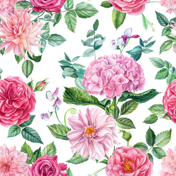 Roses, dahlia, hydrangea, eucalyptus leaves on an isolated background. Floral seamless patterns. Watercolor painting — Stock Photo, Image