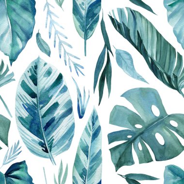 Suluboya yapraklar. Elle boyanmış tropik bitkiler. Tasarım için çiçek çizimi. Çiçeksiz desenler