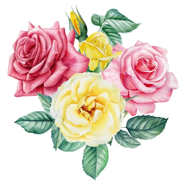 Троянди. Ручний малюнок акварелі на білому тлі. букет з рожевих і жовтих квітів — стокове фото