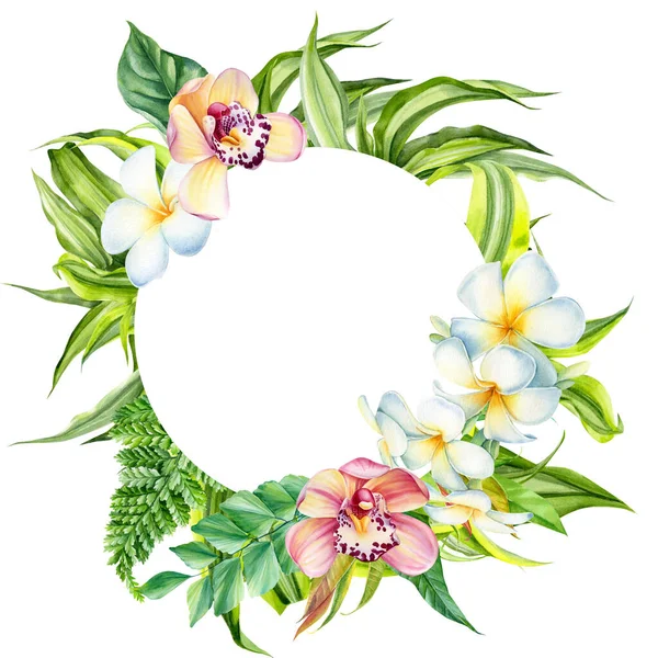 Aquarell-Illustration tropischer Blätter und Blumen, Rahmen für Einladung, Speisekarte, Grußkarten — Stockfoto