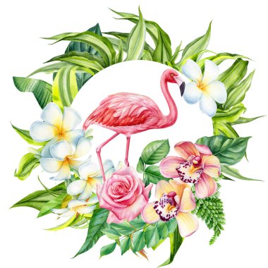Flamingo, tropikal palmiye yaprakları ve orkideler elle boyanmış suluboya çiçekler, poster
