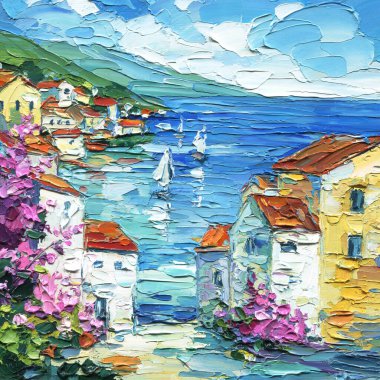 Akdeniz kıyısındaki Impasto Yağlı Ressamlık Köyü. Yelkenli ve Renkli Evler Yazlık Peyzaj Sanatı. Yüksek kaliteli illüstrasyon