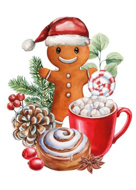 Kırmızı şapkalı zencefilli adam kakaolu tarçınlı rulo tarçınlı kurabiye ve dekor için festivalsel kış çizimi. Yüksek kaliteli illüstrasyon