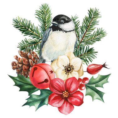 Chickadee bird with pine cones red bells winter flowers and holly berries watercolor seasonal botanical design. High quality illustration