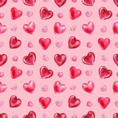 Watercolor red and pink heart pattern for romantic design, cute seamless love background for Valentine decor. High quality illustration