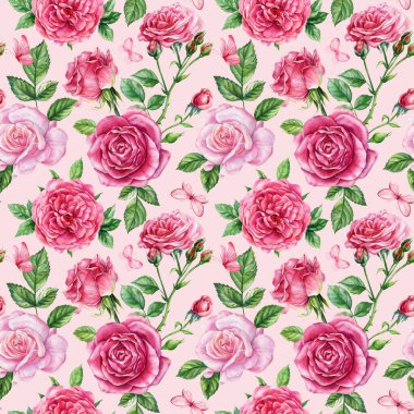 Pink Rose Watercolor Seamless Pattern. Romantic Botanical Garden Flowers with Leaves for Fabric, Wallpaper and Wrapping. High quality illustration