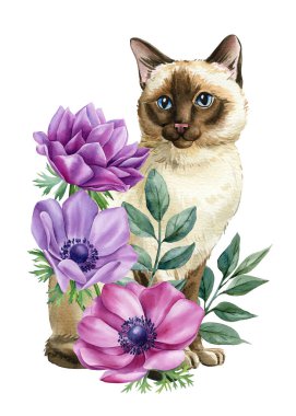 Mor şakayık çiçekleri ve yeşil yapraklı çiçek resimli suluboya siyam kedisi. Yüksek kaliteli illüstrasyon