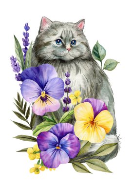 Renkli eflatun ve yeşil botanik çiçek resimli suluboya tüylü gri kedi. Yüksek kaliteli illüstrasyon
