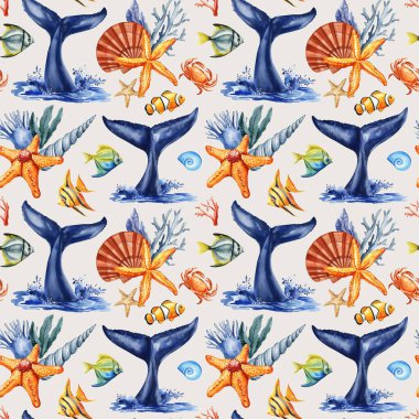 Balina kuyruklu deniz yıldızı deniz kabuğu suluboya deniz desenli mercan ve tropikal okyanus unsurları yaz kıyı tasarımı için. Yüksek kaliteli illüstrasyon