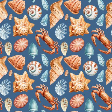 Deniz kabuğu yengeci mavi ve turuncu suluboya desenli tropikal kabuklar ve yaz kıyı tasarımı için okyanus elementleri. Yüksek kaliteli illüstrasyon