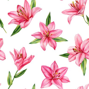 Pink Lily Watercolor Floral Seamless Pattern. Elegant Spring Botanical Flowers on White Background for Fabric and Wrapping. High quality illustration
