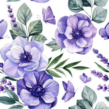 Seamless watercolor pattern with purple anemones butterflies green leaves and floral elements on white background. High quality illustration