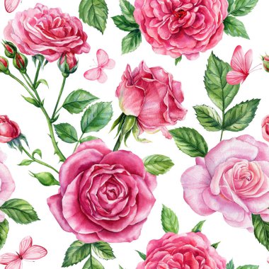 Pink Rose Watercolor Seamless Pattern. Romantic Botanical Garden Flowers with Leaves for Fabric, Wallpaper and Wrapping. High quality illustration