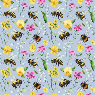 Bal arısı desenli suluboya arı desenli, vadideki yaban arısı zambaklı ve hardal çiçekli mavi arka plan. Yüksek kaliteli illüstrasyon