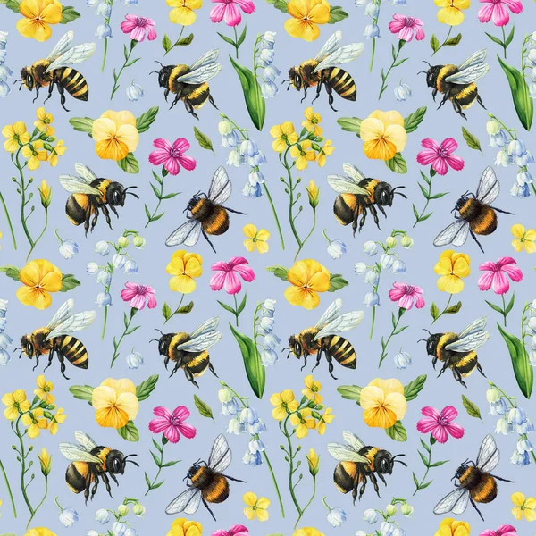 Bal arısı desenli suluboya arı desenli, vadideki yaban arısı zambaklı ve hardal çiçekli mavi arka plan. Yüksek kaliteli illüstrasyon