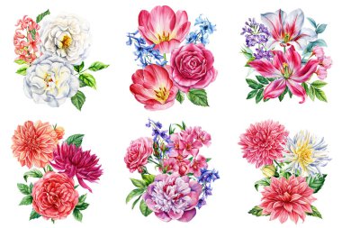 Suluboya çiçek buketleri zambak zambakları şakayık laleler ve leylak bahar bahar çiçekleri desenlerini beyaza boyamıştı. Yüksek kaliteli illüstrasyon