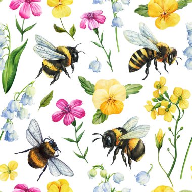 Arı desenli suluboya arı desenli, beyaz arka planda yaban mersinli nonoş ve hardal çiçekli. Yüksek kaliteli illüstrasyon