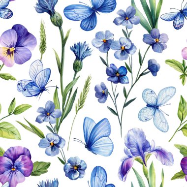 Bahar tekstili ve ambalajı için beyaz arka planda süs çiçekleri olan mavi kelebek suluboya desenleri. Yüksek kaliteli illüstrasyon