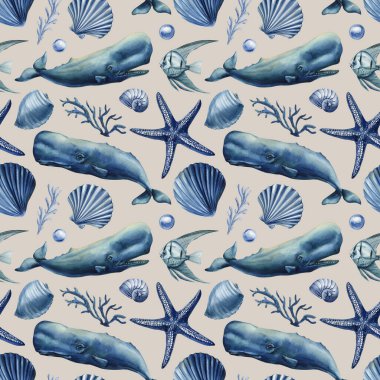 Mavi kabuklu, deniz yıldızı mercanı ve bej arkaplanda balık desenli sperm balinası deseni. Yüksek kaliteli illüstrasyon