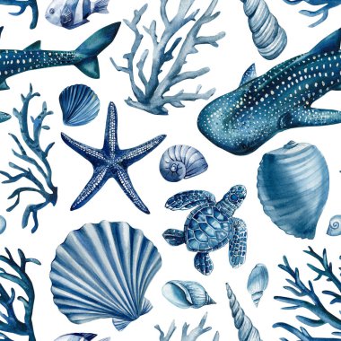 Beyaz zemin üzerinde mavi deniz kaplumbağası deniz yıldızı kabuğu ve mercan olan balina köpekbalığı okyanus deseni. Yüksek kaliteli illüstrasyon