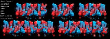 Graffiti styled Name Designs: Alexander, Alexandra, Alexis, Alex, Alexa clipart