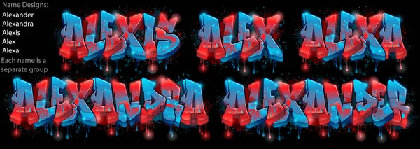 Graffiti Styled Name Designs Alexander Alexandra Alexis Alex Alexa — Stock Vector