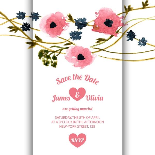 Cartão de convite com flores vintage aquarela —  Vetores de Stock
