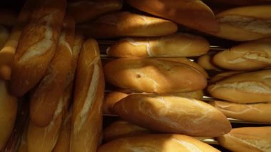 Fırın raflarında sergilenen baget ve somunlar da dahil olmak üzere taze ekmek çeşitleri. Sıcak güneş ışığı, kabuklu hamur işlerinde ilerliyor.