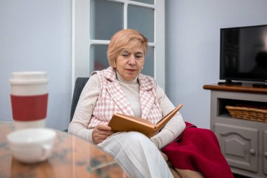 Son sınıf öğrencisi kadın oturma odasında oturup kitap okuyor. Huzurlu bir yaşam tarzının tadını çıkarıyorum.