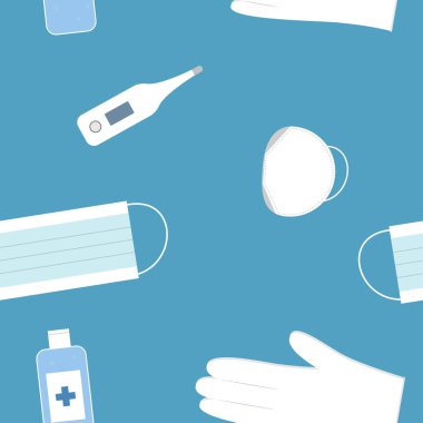 Koronavirüs, mavi arka planda izole edilmiş. Kişisel koruma ekipmanı virüsü COVID-19. Termometre, tıbbi maske, el dezenfektanı, maske N95, lateks eldivenler. Vektör illüstrasyonu.