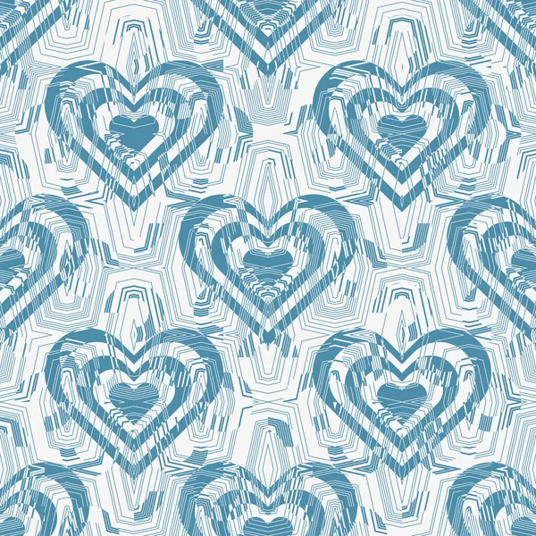 Seamless Geometric Mesh Lace Pattern Hearts Blue Stylised Line Texture — Stock Vector