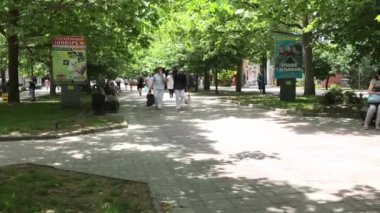 Berdyansk meydanının yarı çıplak yeşil ara sokağında güneşli bir yaz günü. Berdyansk Ukrayna 19.06.2021