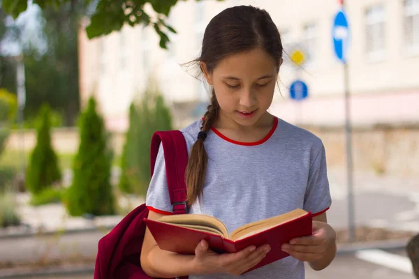 Okulun yanında kitap okuyan genç bir kız duruyor. Okul konseptine geri dönelim. seçici odak — Stok fotoğraf