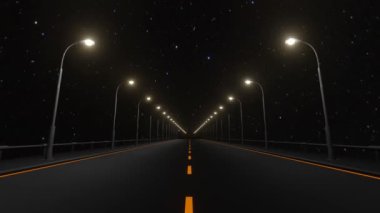 Sokak lambaları ve yıldızlı gökyüzü olan 3 boyutlu gece yolu, bağlantı arka planı, grafik animasyonu. 4k dikişsiz döngü