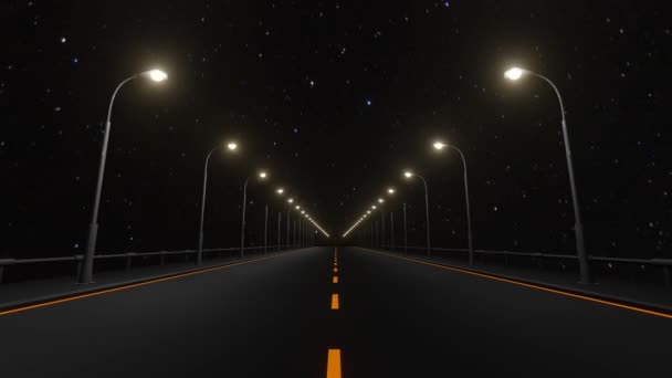 Estrada noturna 3D com postes de luz e céu estrelado, fundo de conexão, animação gráfica. 4k loop sem costura — Vídeo de Stock