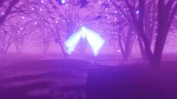 Η φωτεινή πεταλούδα πετάει μέσα από ένα κήπο νέον με μαγικά δέντρα. Σύνθετο φόντο, γραφικά κινούμενα σχέδια. 3D animation 4K χωρίς ραφή βρόχος. — Αρχείο Βίντεο