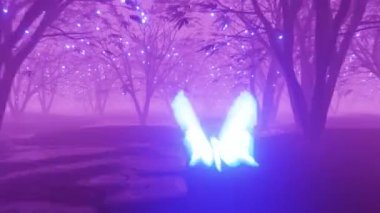 Parlak kelebek sihirli ağaçlarla neon bir bahçede uçar. Bileşik arkaplan, grafik animasyon. 3B Canlandırma 4K Kusursuz Döngü.