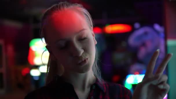 Teenage Girl Blonde Hair Smile Neon Lights — Stock Video