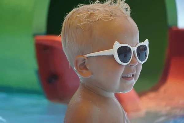 Little Boy Blonde Hair White Glasses Smiling Pool — Stock Photo, Image