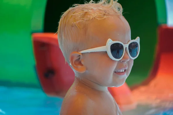 Little Boy Blonde Hair Playing Pool Laughing — Stock Photo, Image