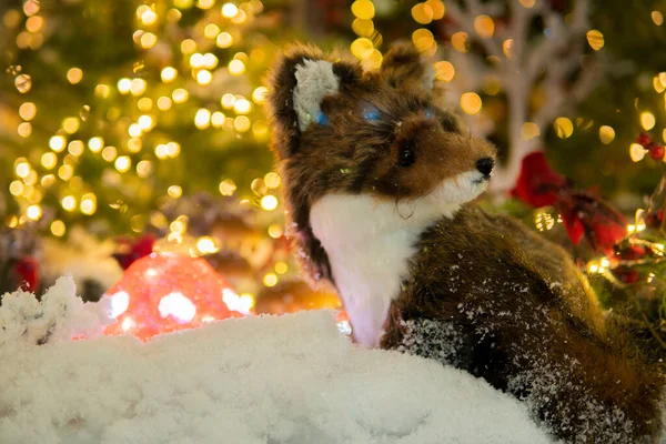 Puppet Fox Sit Fairy Snowy Forest Christmas Installation — Stock Photo, Image