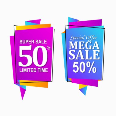 Soyut şekil ve eğim rengine sahip renkli satış etiketleri ve fiyat etiketleri seti