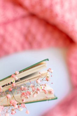 Green book with dry flowers on a pink warm knitted sweater background